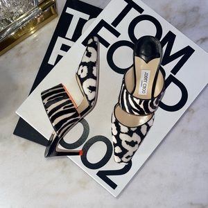 Jimmy Choo Hawke 65 Mixed Print Pointed Toe Pumps in Zebra Print Calf Hair Mules